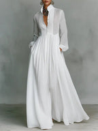 Nora | Women's Linen-Cotton Stand Collar Button-Down Maxi Dress