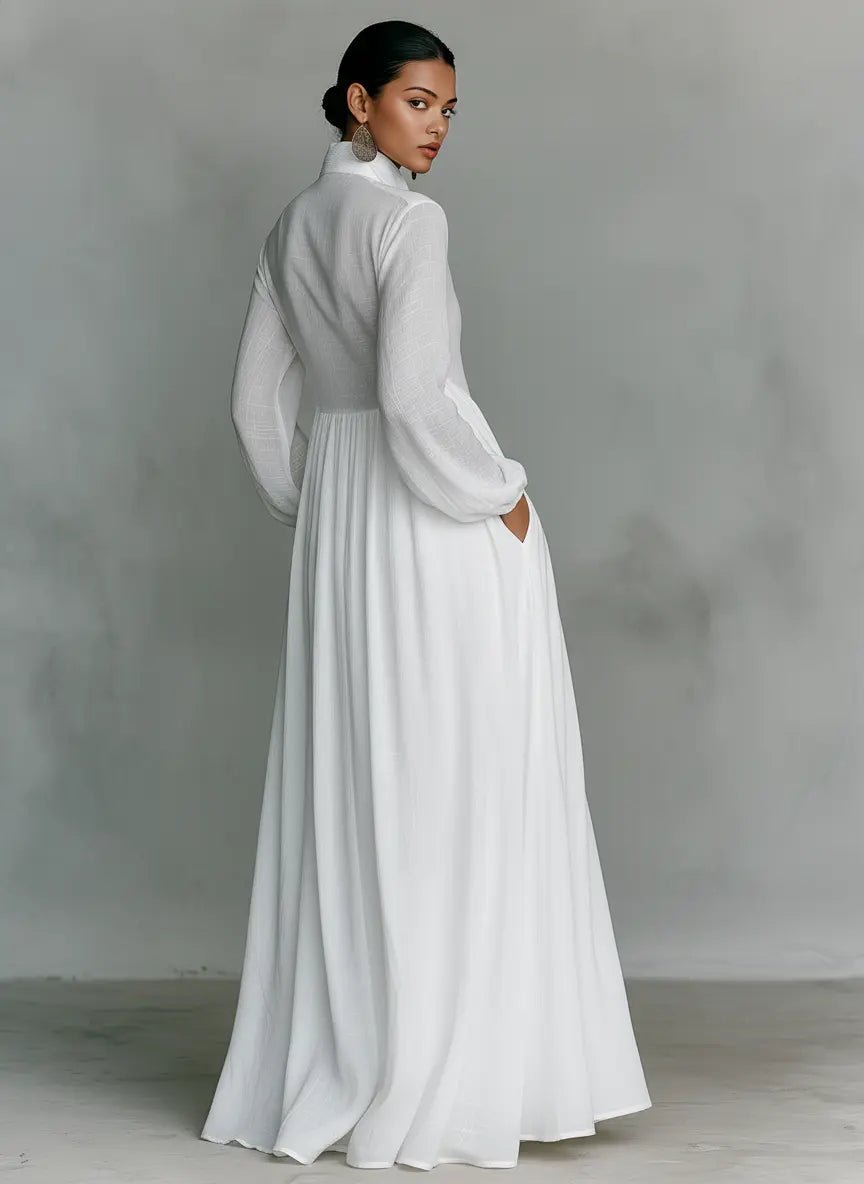 Nora | Women's Linen-Cotton Stand Collar Button-Down Maxi Dress