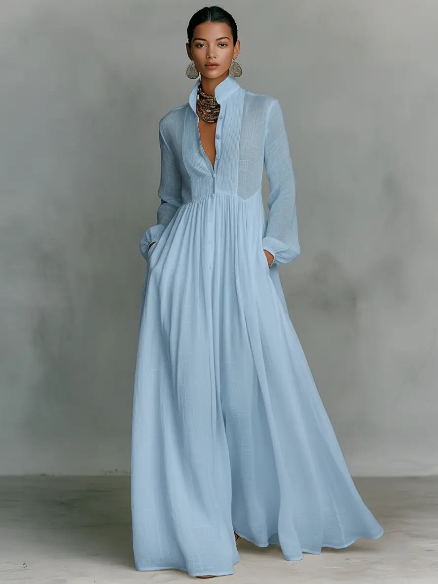 Nora | Women's Linen-Cotton Stand Collar Button-Down Maxi Dress