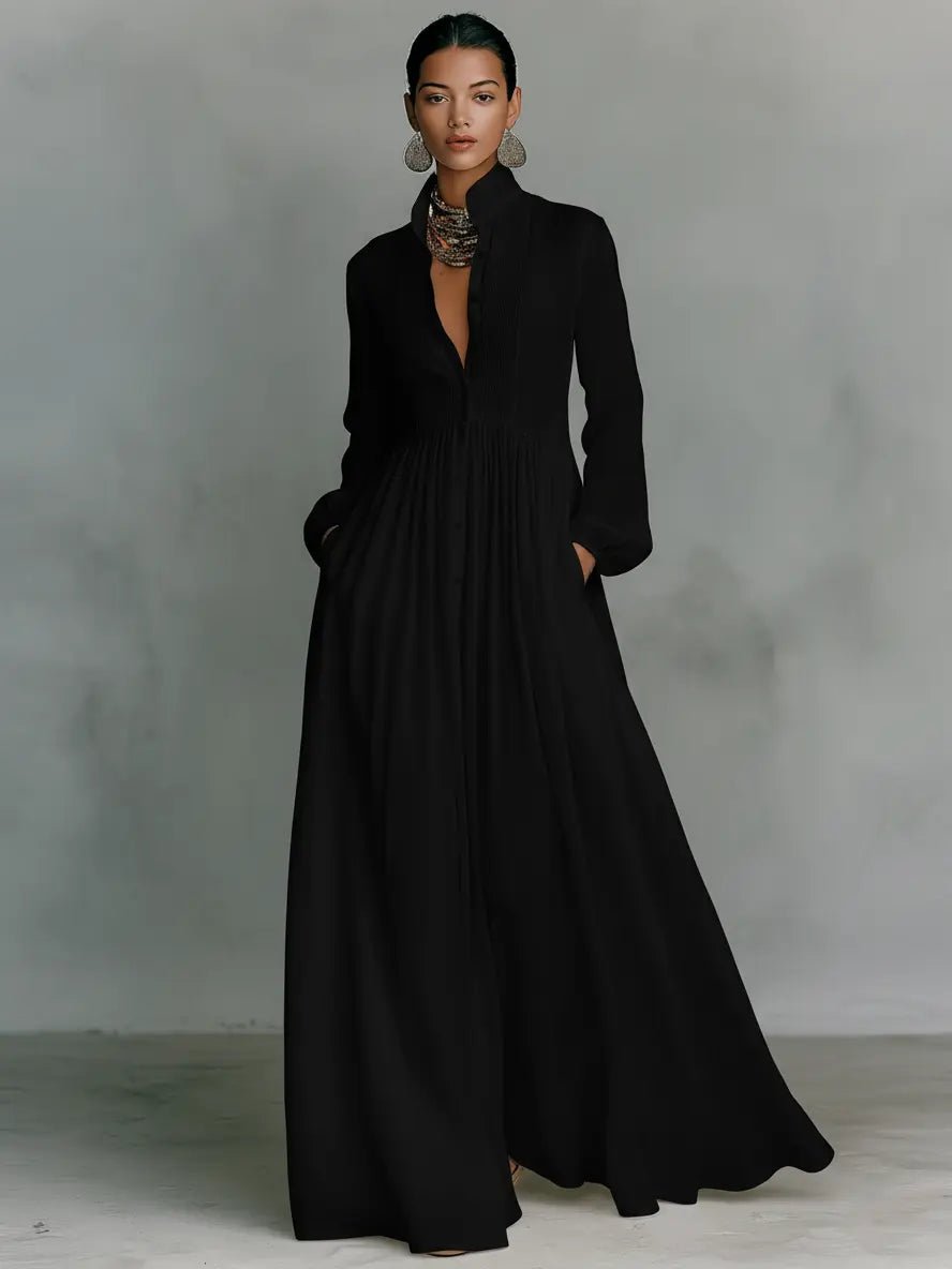Nora | Women's Linen-Cotton Stand Collar Button-Down Maxi Dress
