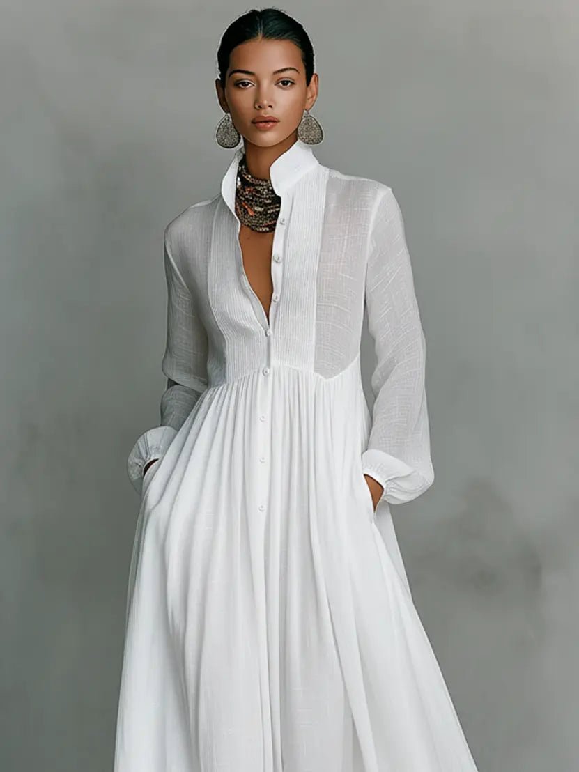 Nora | Women's Linen-Cotton Stand Collar Button-Down Maxi Dress