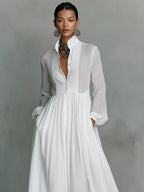 Nora | Women's Linen-Cotton Stand Collar Button-Down Maxi Dress