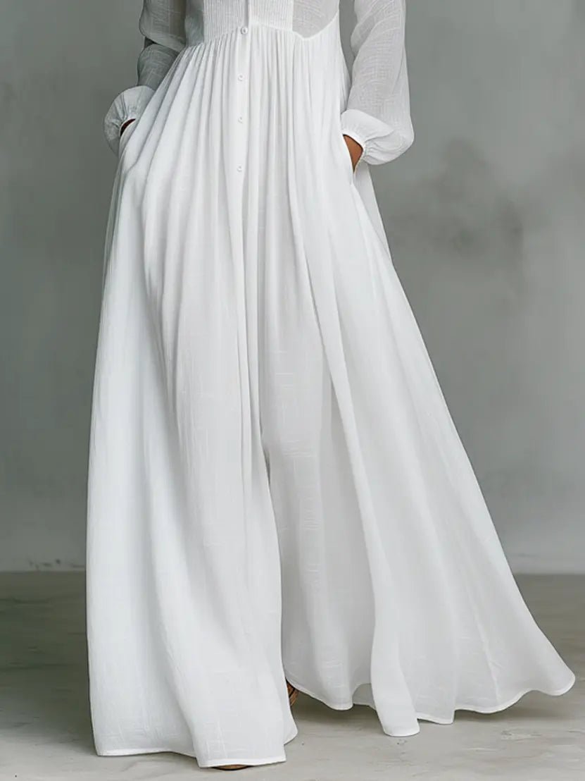 Nora | Women's Linen-Cotton Stand Collar Button-Down Maxi Dress