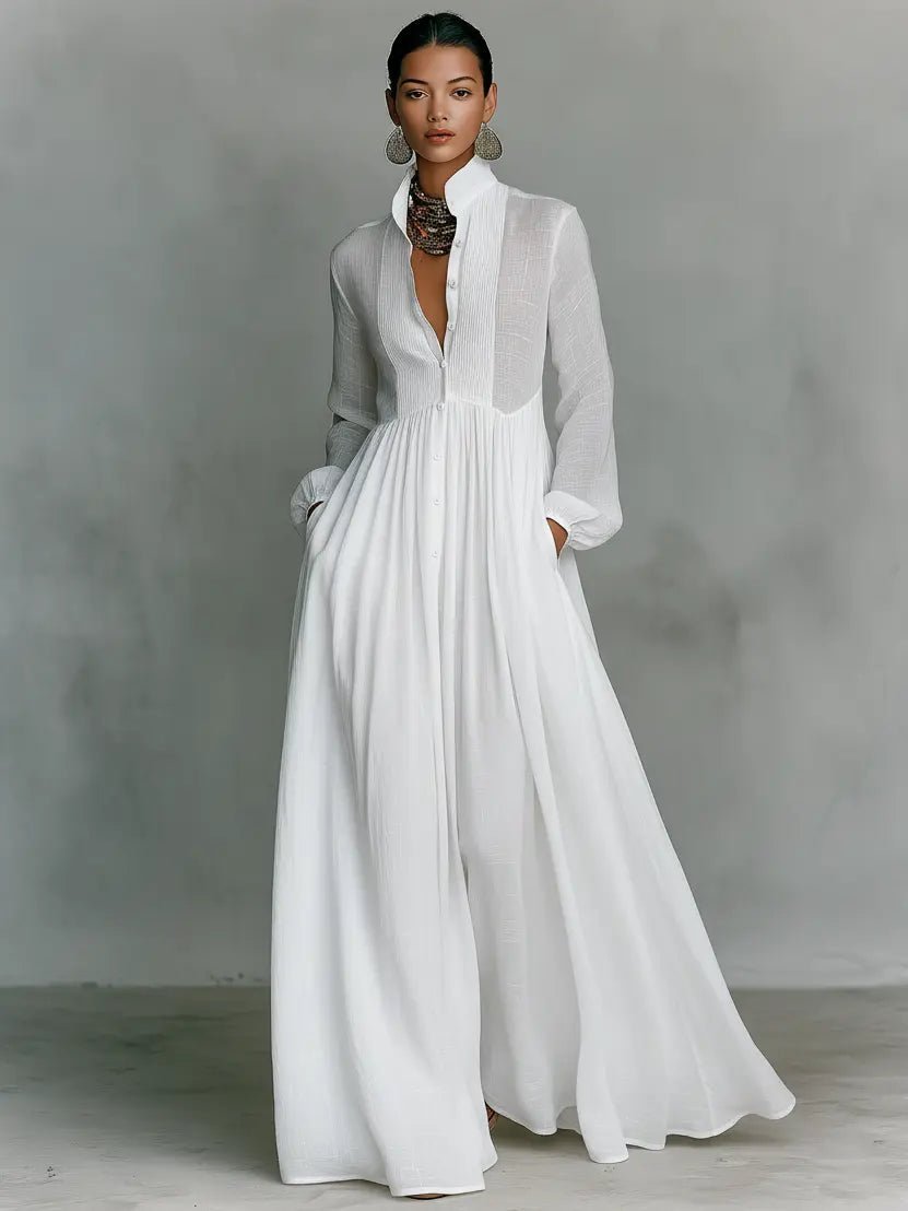 Nora | Women's Linen-Cotton Stand Collar Button-Down Maxi Dress