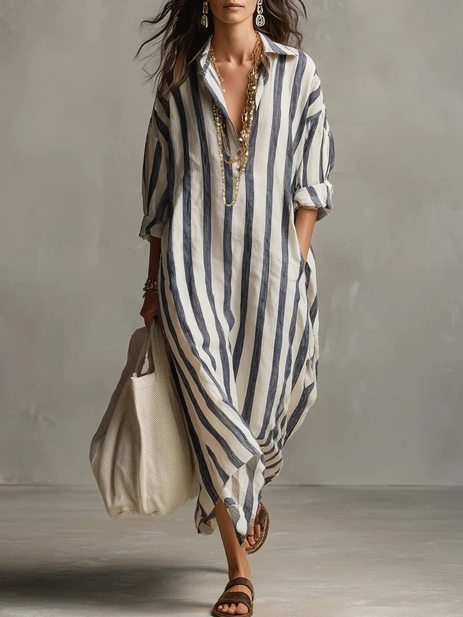 Luisa | Women's Linen Striped Oversized Shirt Dress Maxi