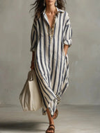 Luisa | Women's Linen Striped Oversized Shirt Dress Maxi
