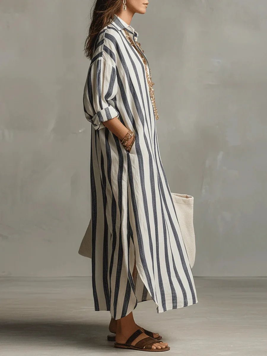 Luisa | Women's Linen Striped Oversized Shirt Dress Maxi