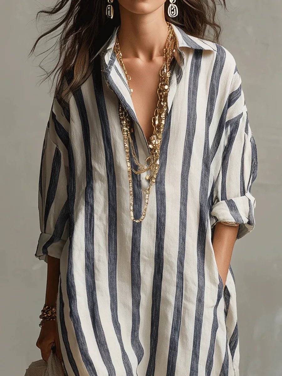 Luisa | Women's Linen Striped Oversized Shirt Dress Maxi