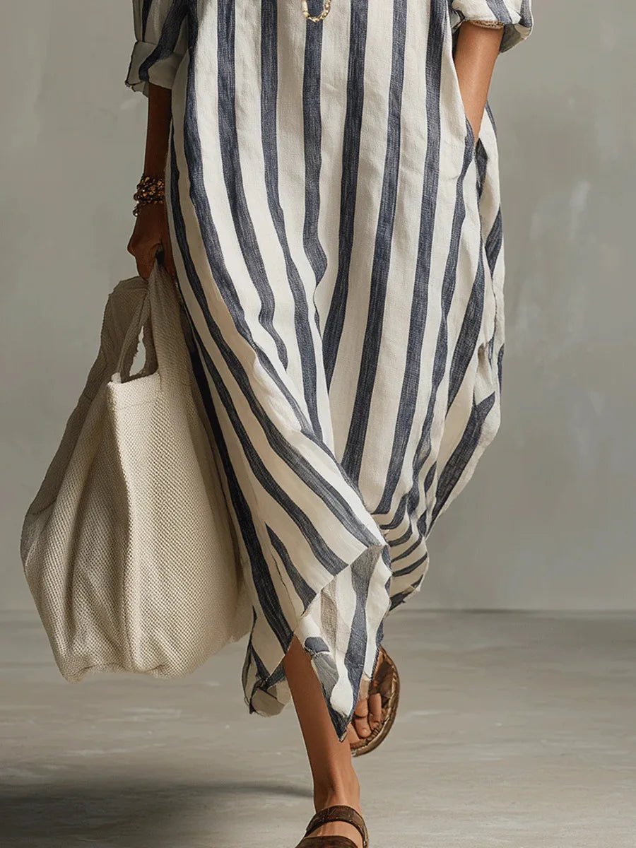 Luisa | Women's Linen Striped Oversized Shirt Dress Maxi