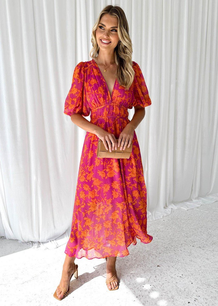 Luisa | Women's Midi Dress with Puff Sleeves and V-Neck Floral Print