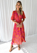 Luisa | Women's Midi Dress with Puff Sleeves and V-Neck Floral Print