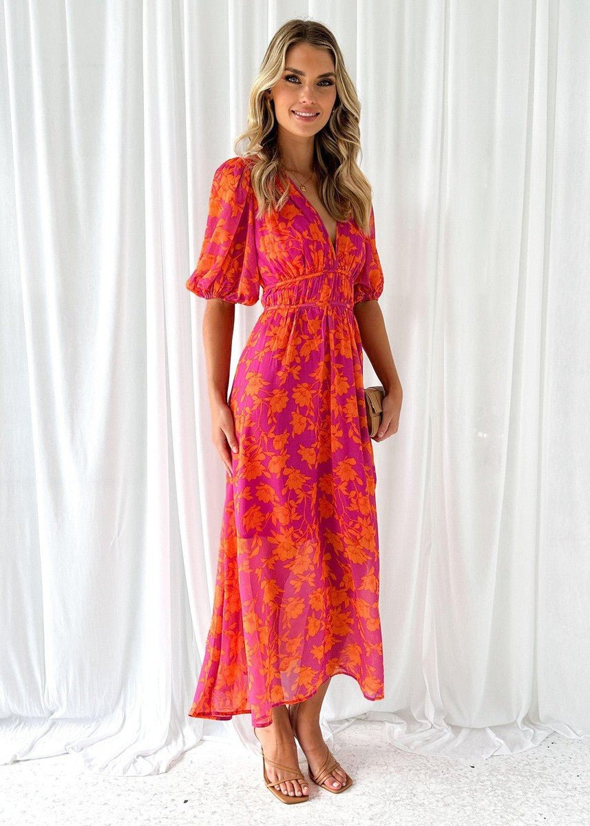 Luisa | Women's Midi Dress with Puff Sleeves and V-Neck Floral Print