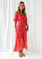 Luisa | Women's Midi Dress with Puff Sleeves and V-Neck Floral Print