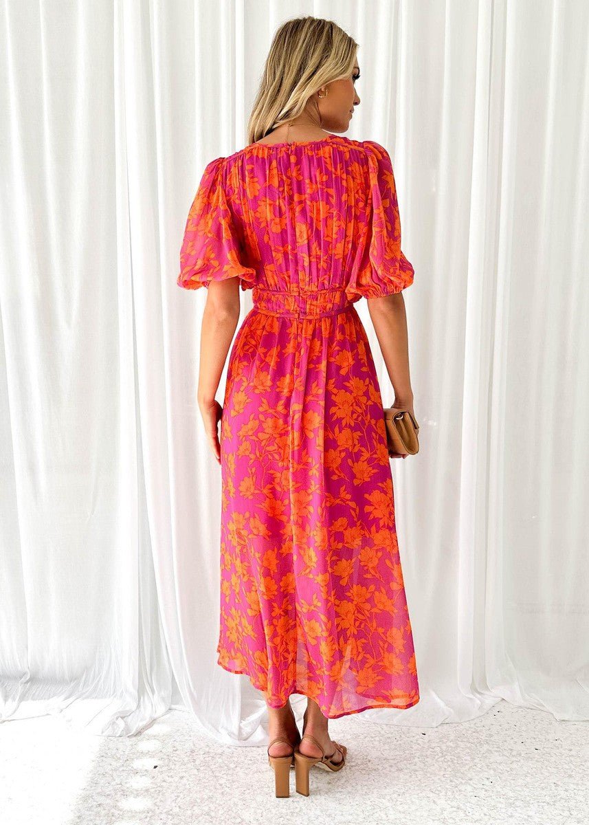Luisa | Women's Midi Dress with Puff Sleeves and V-Neck Floral Print