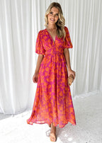 Luisa | Women's Midi Dress with Puff Sleeves and V-Neck Floral Print