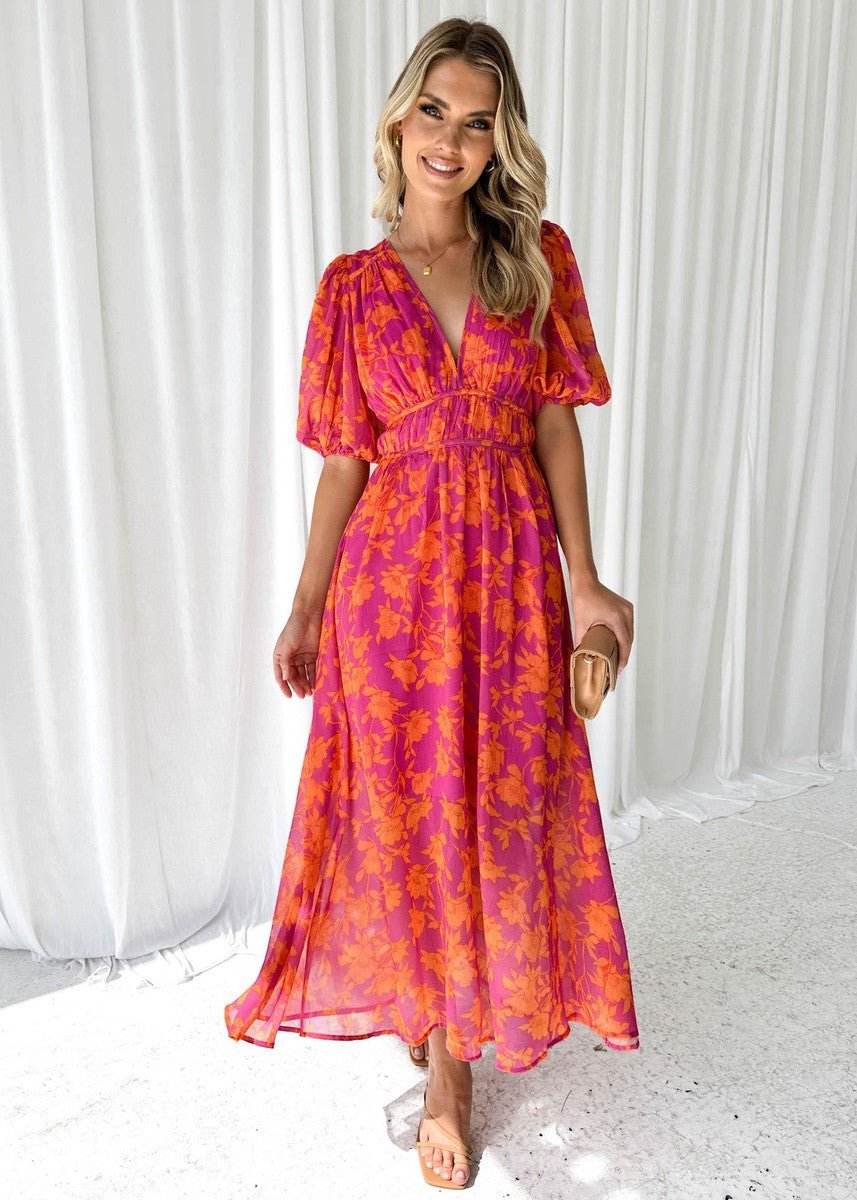 Luisa | Women's Midi Dress with Puff Sleeves and V-Neck Floral Print