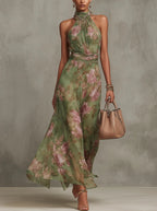 Marie | Women's Halter Chiffon Maxi Dress with Floral Print