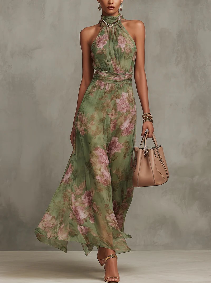 Marie | Women's Halter Chiffon Maxi Dress with Floral Print