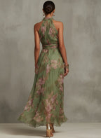 Marie | Women's Halter Chiffon Maxi Dress with Floral Print
