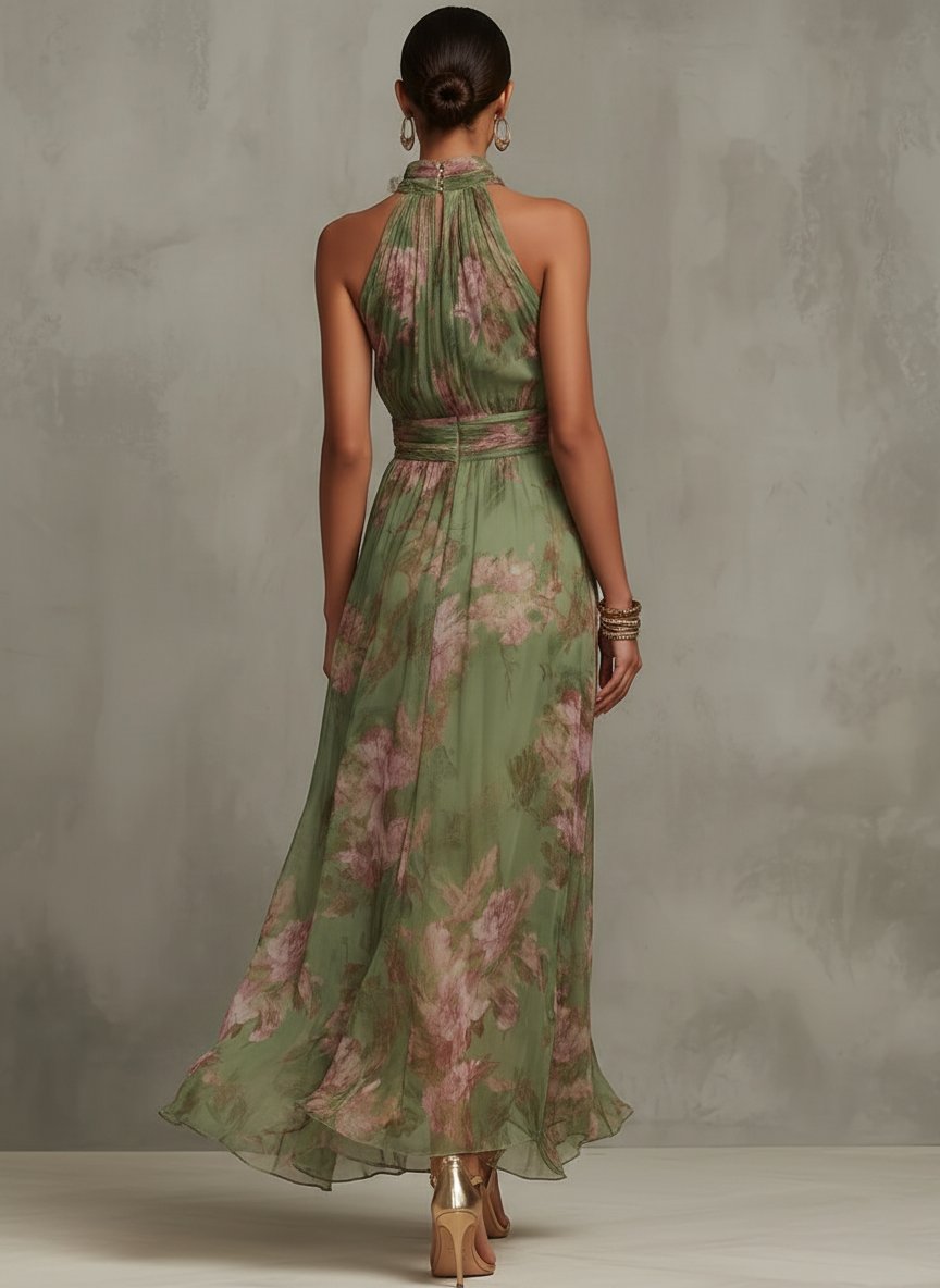 Marie | Women's Halter Chiffon Maxi Dress with Floral Print