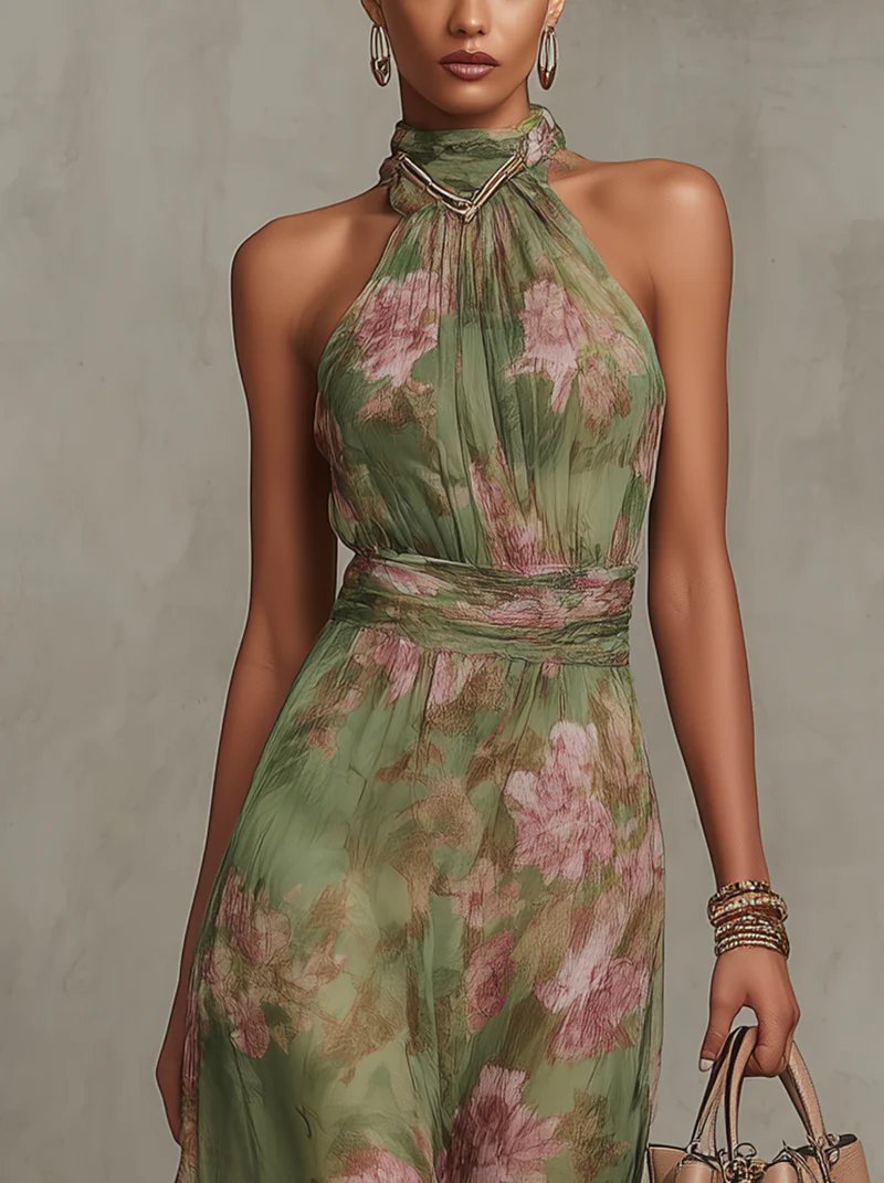 Marie | Women's Halter Chiffon Maxi Dress with Floral Print