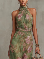 Marie | Women's Halter Chiffon Maxi Dress with Floral Print