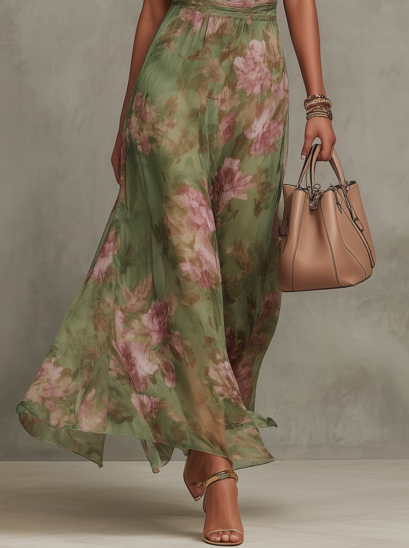 Marie | Women's Halter Chiffon Maxi Dress with Floral Print