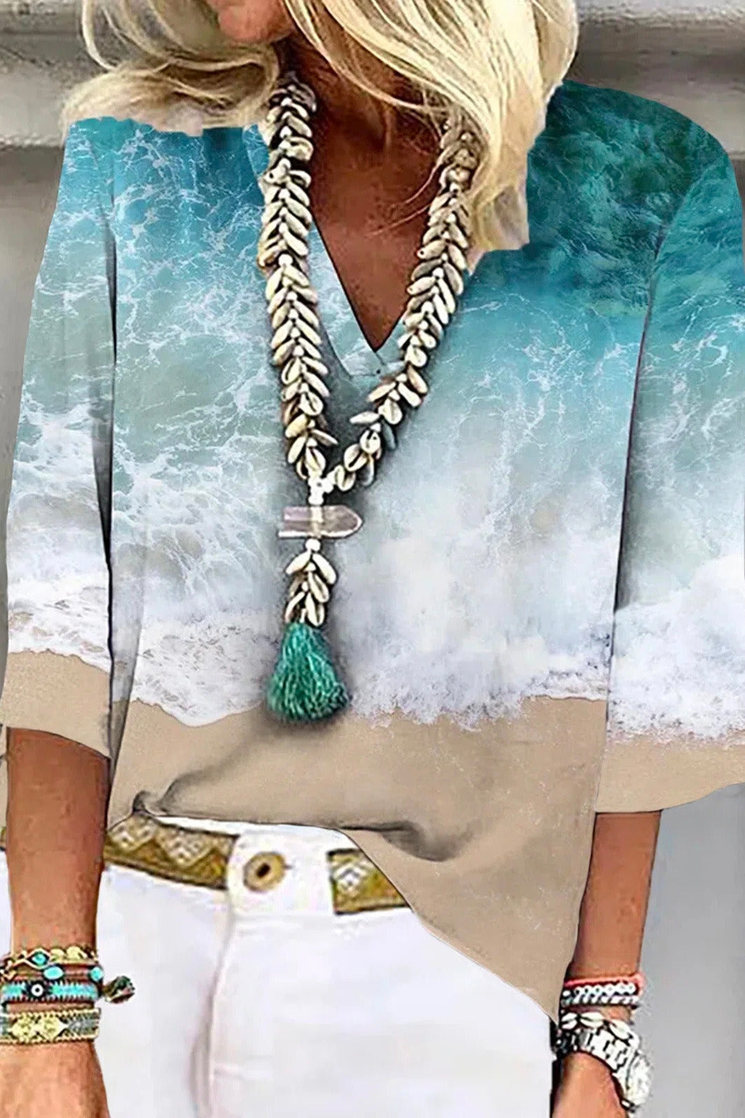 Sea Print V-neck 3/4 Sleeves Casual Blouse