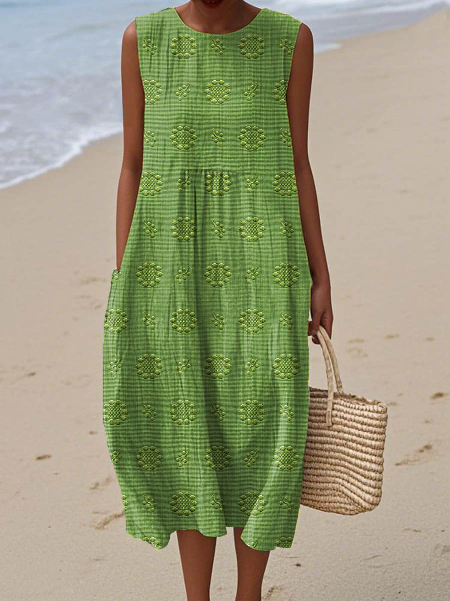 Maria | Women's Sleeveless Midi Dress with Texture and Pockets