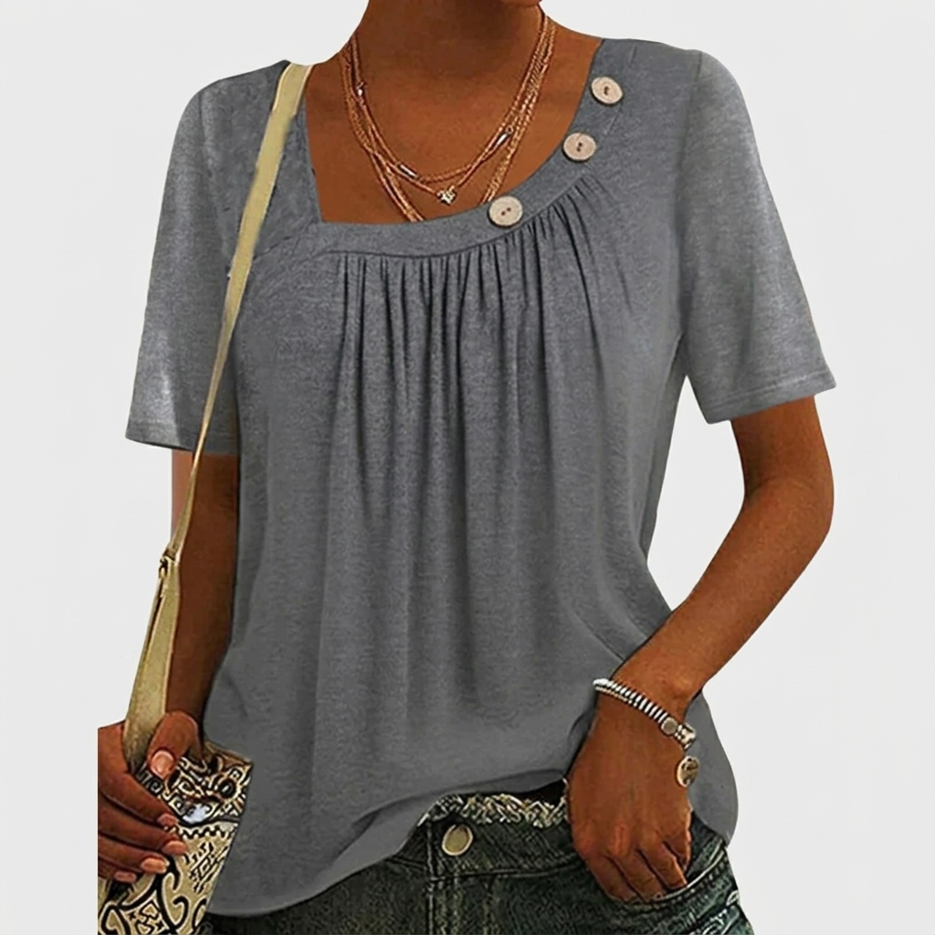 Women's Button Detail Top with Short Sleeves and Relaxed Fit