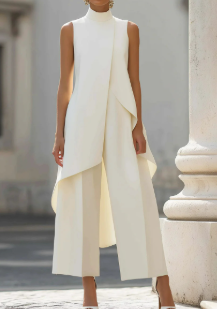 Annika | Women's Asymmetrical High Neck Sleeveless Wide-Leg Two-Piece Set