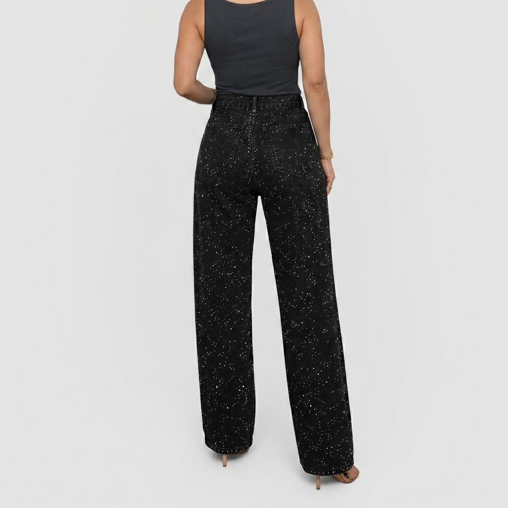 Women's High-Waist Wide-Leg Jeans with Glitter Detail