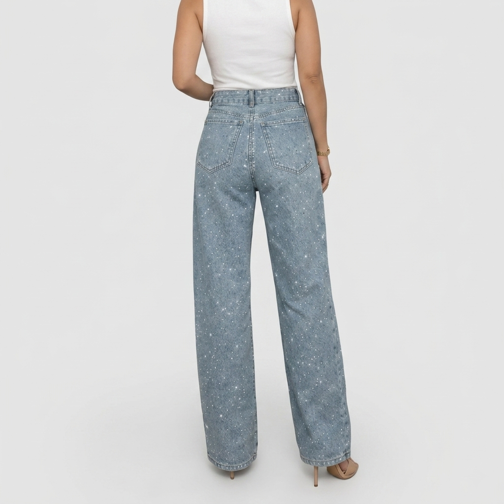 Women's High-Waist Wide-Leg Jeans with Glitter Detail