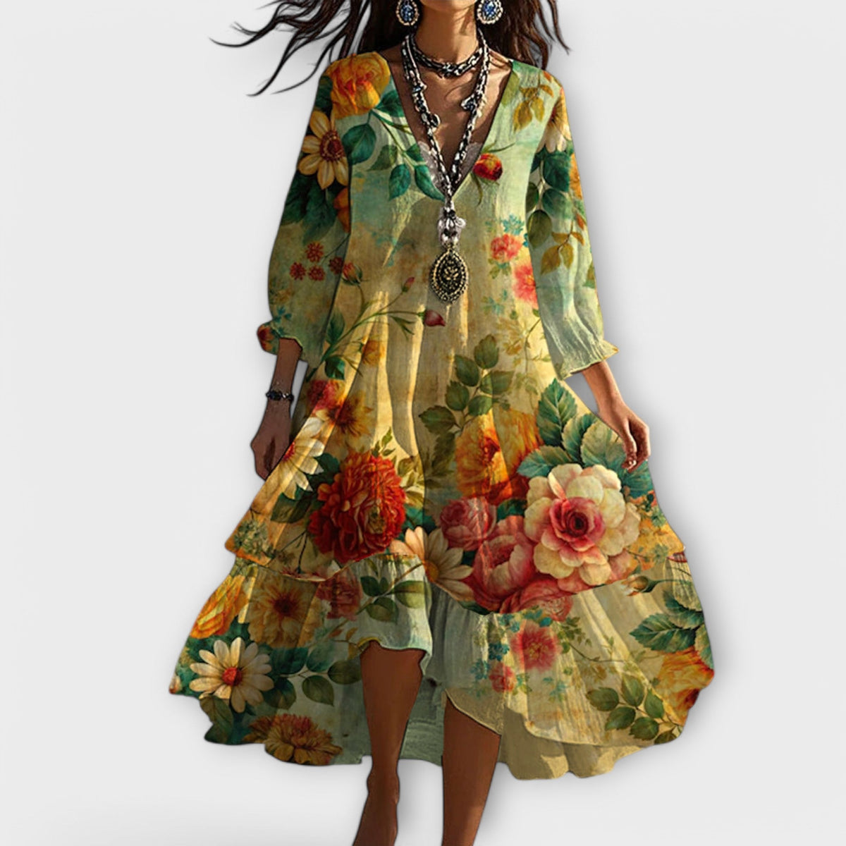 Eva | Women's Vintage Boho V-Neck Autumn Dress