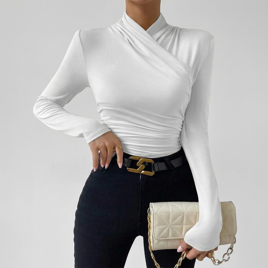Cross-Over Neckline Ruched Long Sleeve Top