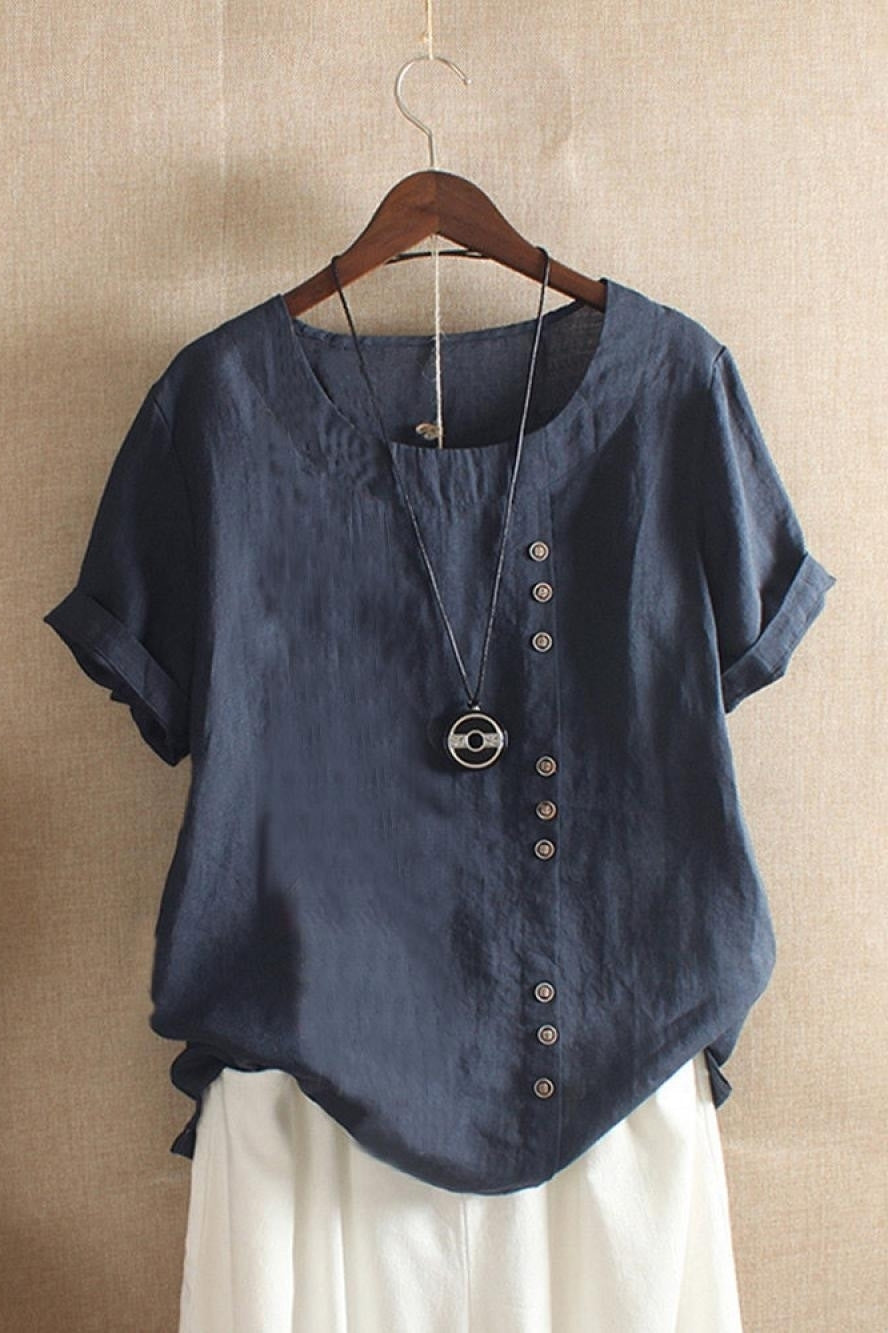 Women's Round Neck Solid Colour Button Short Sleeve Blouse