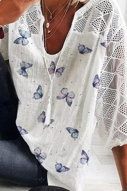 Ladies Butterfly Print V-neck 3/4 Sleeve Blouse